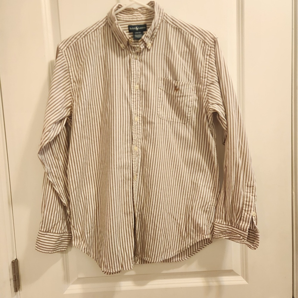Polo Ralph Lauren Boys Brown White Striped Oxford Button Down Shirt L 16/18
